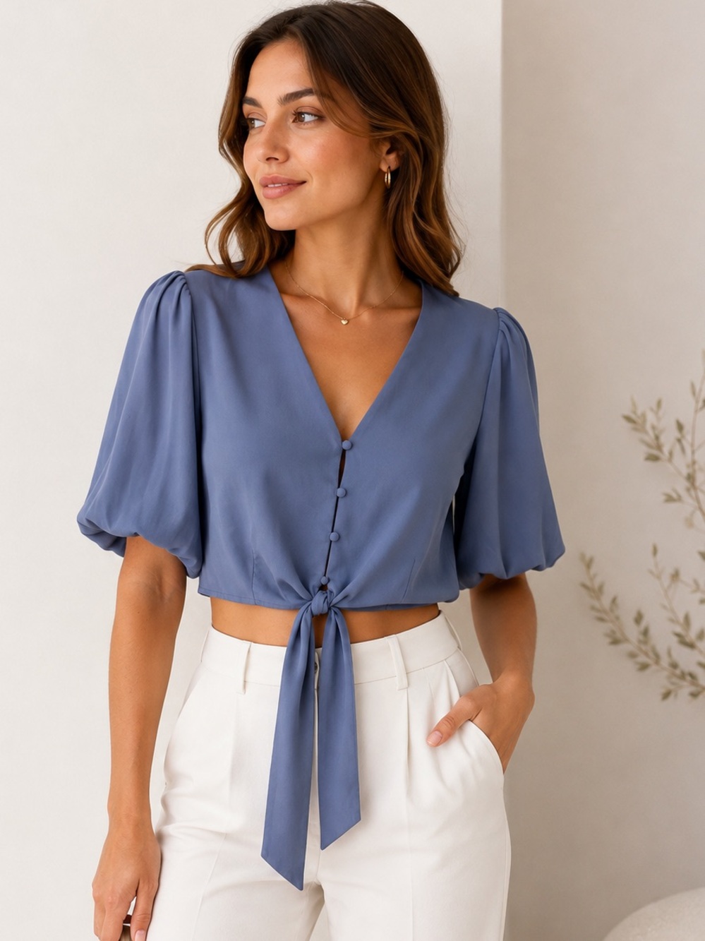 Feel in Women’s Blue Tie Front Crop Blouse Puff Sleeve Button Top Size Small